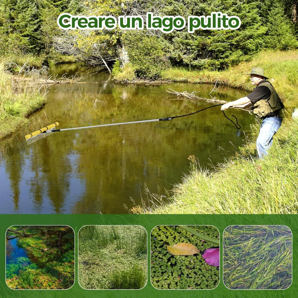 Rastrello da Lago in Alluminio, Rastrello da Giardino 36 Denti con Testa del Rastrello 92 cm, Manico Telescopico Regolabile e 600 cm Corda da Lancio per Ambienti Terra/Acqua, 230 x 92 cm