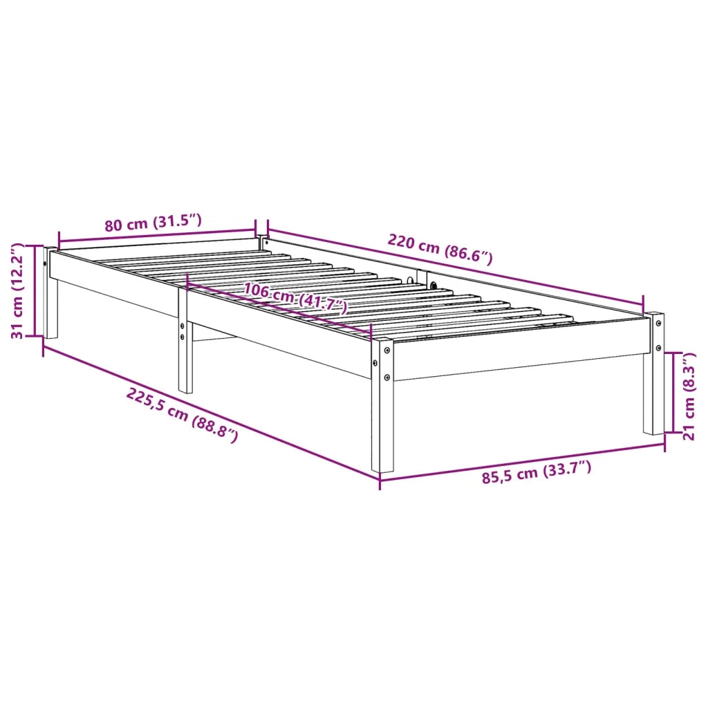 Letto Extra Lungo senza Materasso Bianco 80x220 cm in Pino 852415