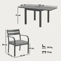 Set da Giardino con Tavolo Allungabile e 6 Sedie Impilabili con Cuscini, Grigio