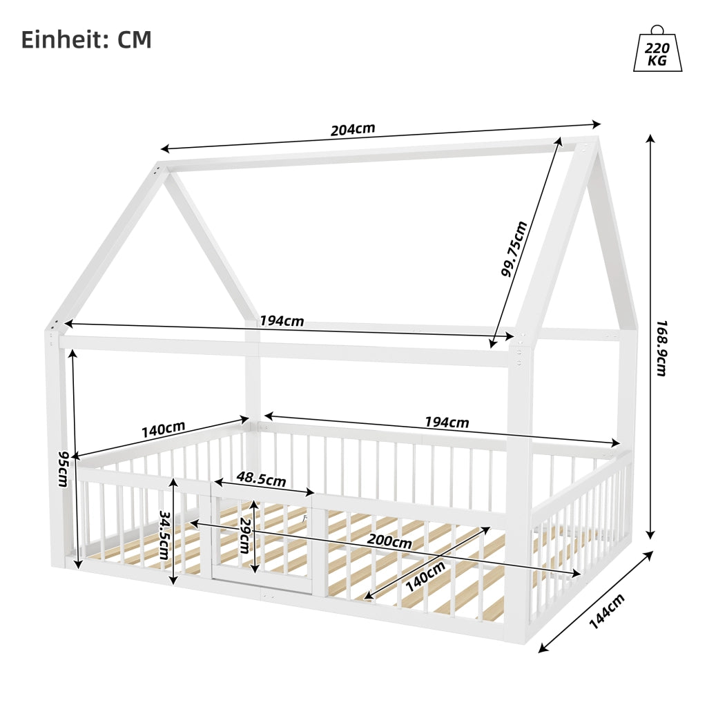OKWISH Letto a casetta 140×200 cm, Letto Matrimoniale con Sponda di Sicurezza e Cancelletto, senza Materasso, in Metallo, Bianco