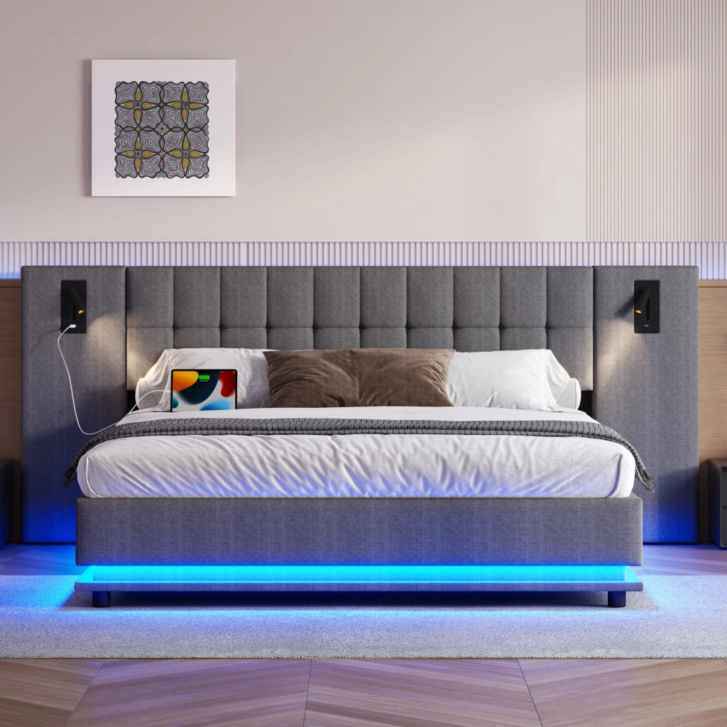 Letto imbottito 180 x 200 cm grigio in lino con LED, spot e USB