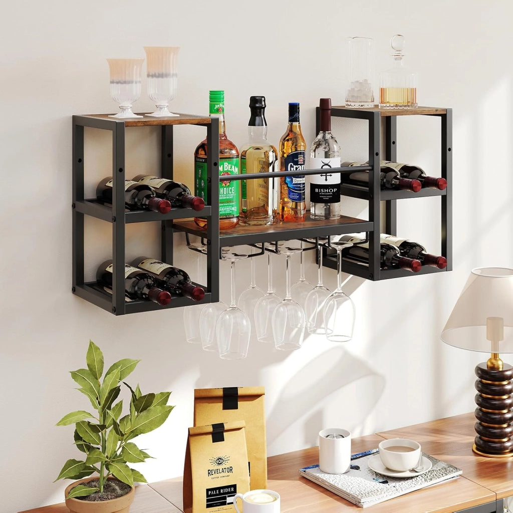 Portabottiglie da Parete con Porta Bicchieri, Struttura in Metallo per 8 Bottiglie con Ripiano Aperto, Scaffale da Muro a 3 Livelli per Sala da Pranzo e Cucina, 89 x 25 x 40 cm
