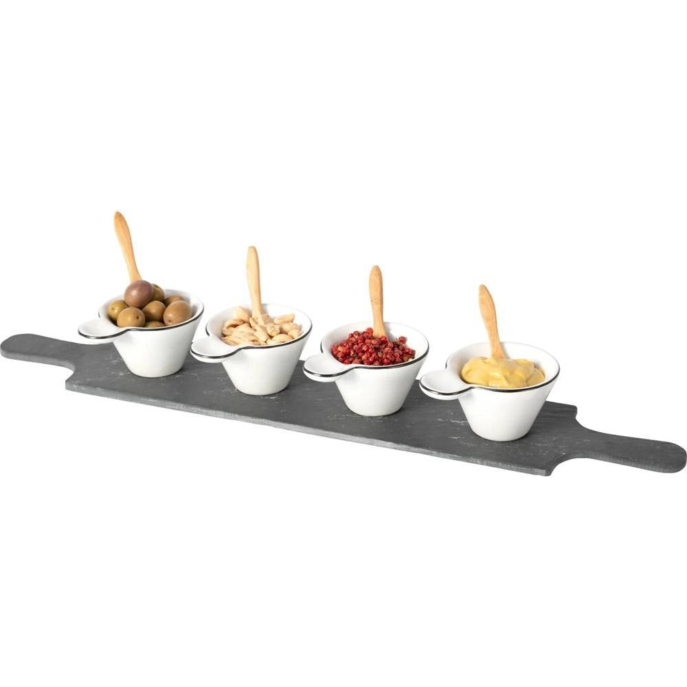 Trade Shop - Set Antipastiere Con 4 Piattini E Cucchiaini In Bamboo E 1 Vassoio In Ardesia -