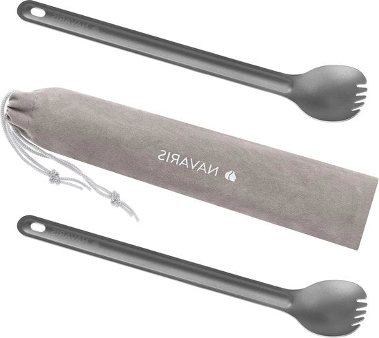 Set di 2 spork - Manico extra lungo - Set da 2 - Utensili da campeggio in titanio - Leggero - Sacchetto di conservazione