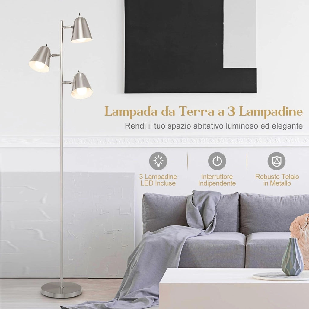 Lampada da Terra Salotto Moderna con 3 Lampadine e Paralumi Regolabili, Interruttore Indipendente, Lampada a Stelo in Metallo con Base Stabile per Camera da Letto e Ufficio (Argento)