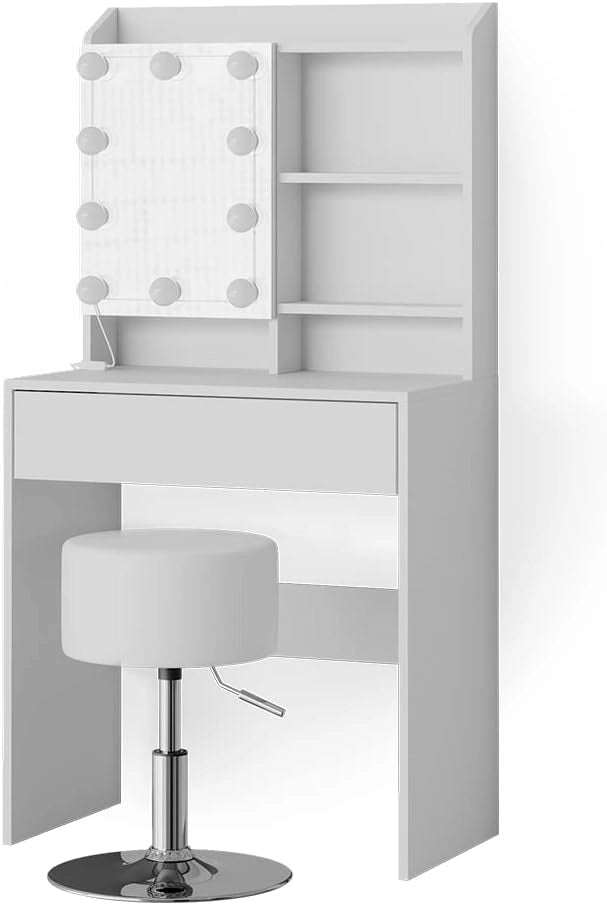 Tavolo da toeletta Laura, Bianco, 70 cm con illuminazione LED e sgabello, Luce integrata – non è necessaria una lampada da tavolo aggiuntiva