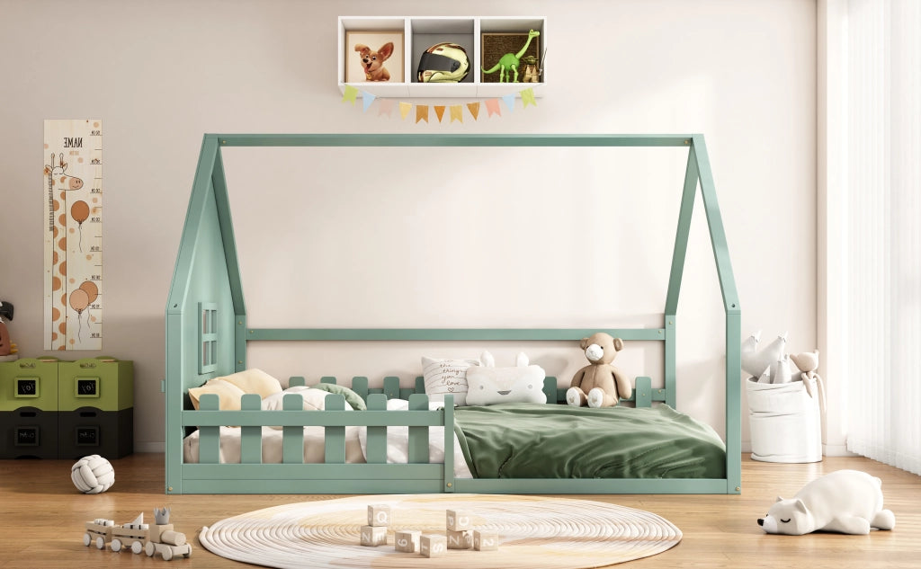 DESMIU Letto per Bambini Letto a Casetta 140 × 200 cm 2 Posti con Sponde, Senza Materasso, in Pino e MDF, Verde
