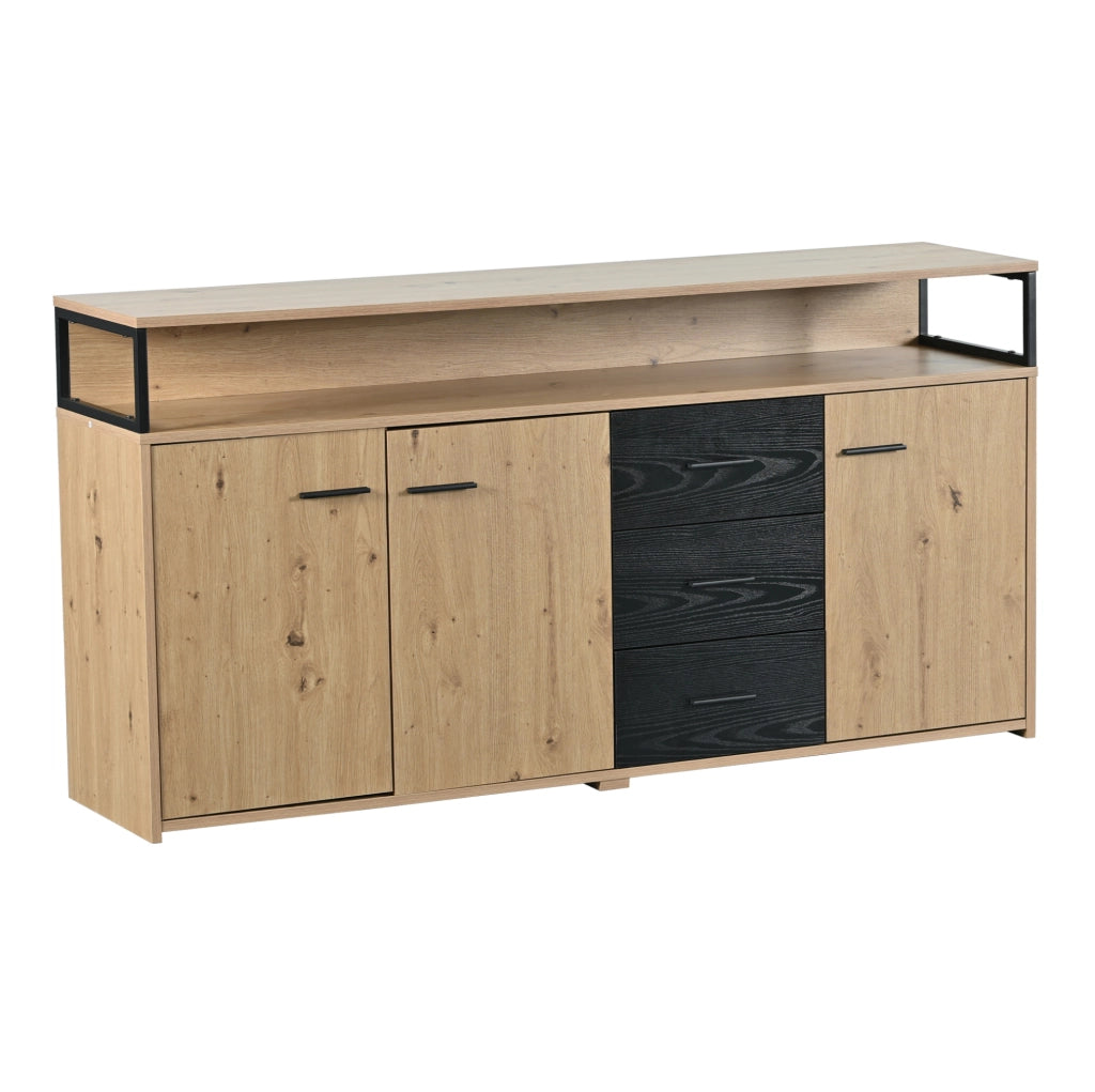 Credenza ULEVR 150x35x75,9 cm con 3 ante, 3 cassetti e ripiani regolabili, nero e marrone