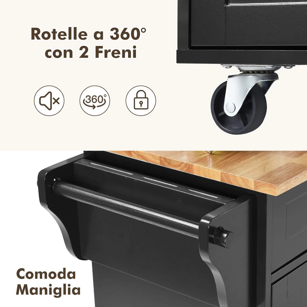 Carrello da Cucina, Carrello di Servizio con Ruote e Maniglia, 3 Ante e 2 Cassetti, Ideale per Cucina Ristorante Bar, 122x46x92,3 cm (Nero)