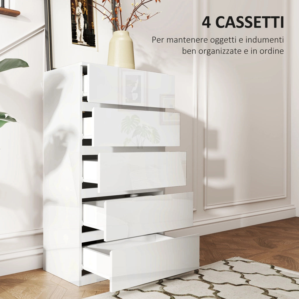 Cassettiera Moderna 5 Cassetti Antiribaltamento in Legno, 55x33x100 cm, Bianco Lucido