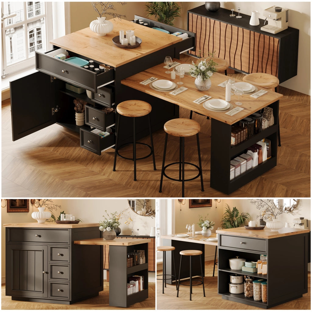 Isola Cucina Allungabile con Cassetti e Ruote ¨C MINIMAL ¨C Piano Effetto Legno, Nero, 120-184 cm