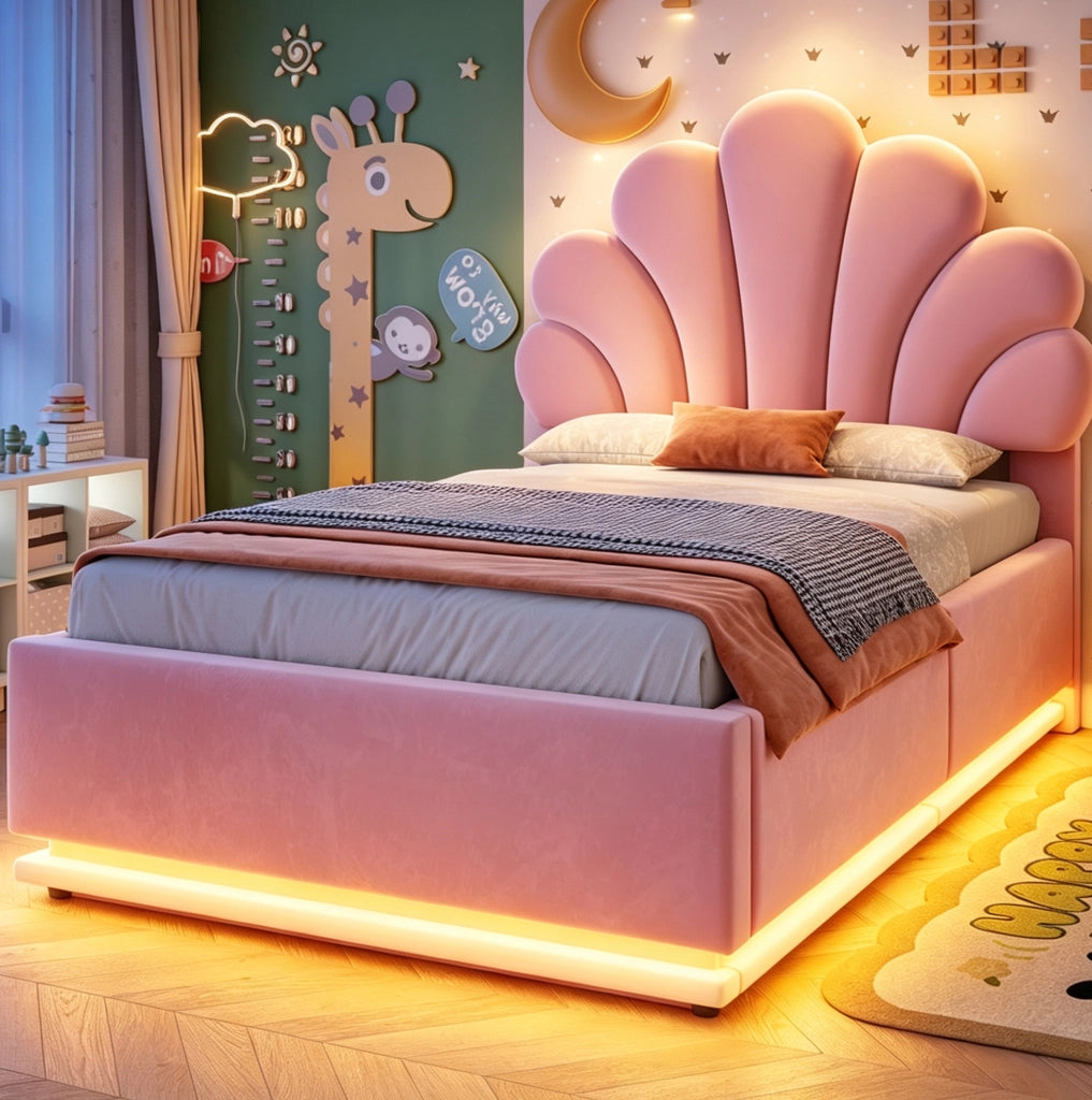 Letto imbottito contenitore 90 x 200 cm rosa con LED e testiera a fiore