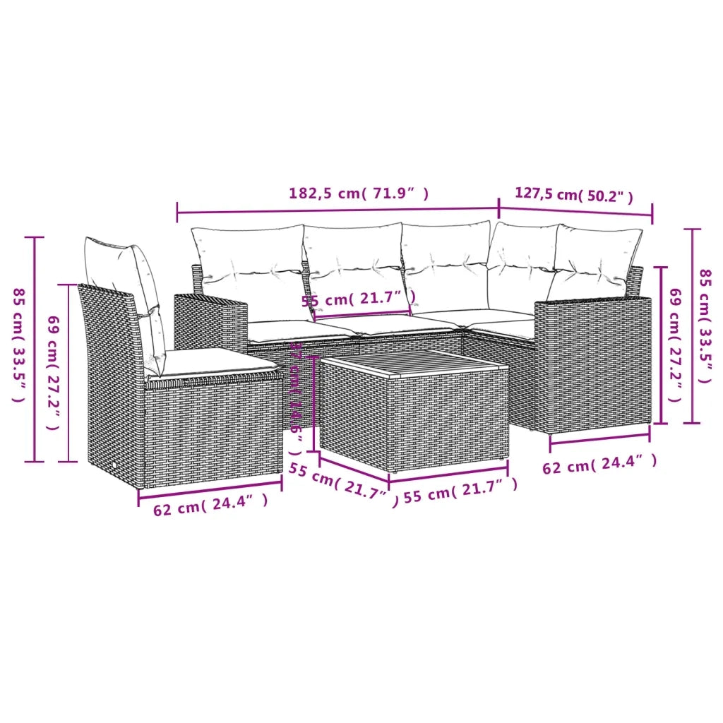 Set Divano da Giardino 6 pz con Cuscini Beige in Polyrattan
