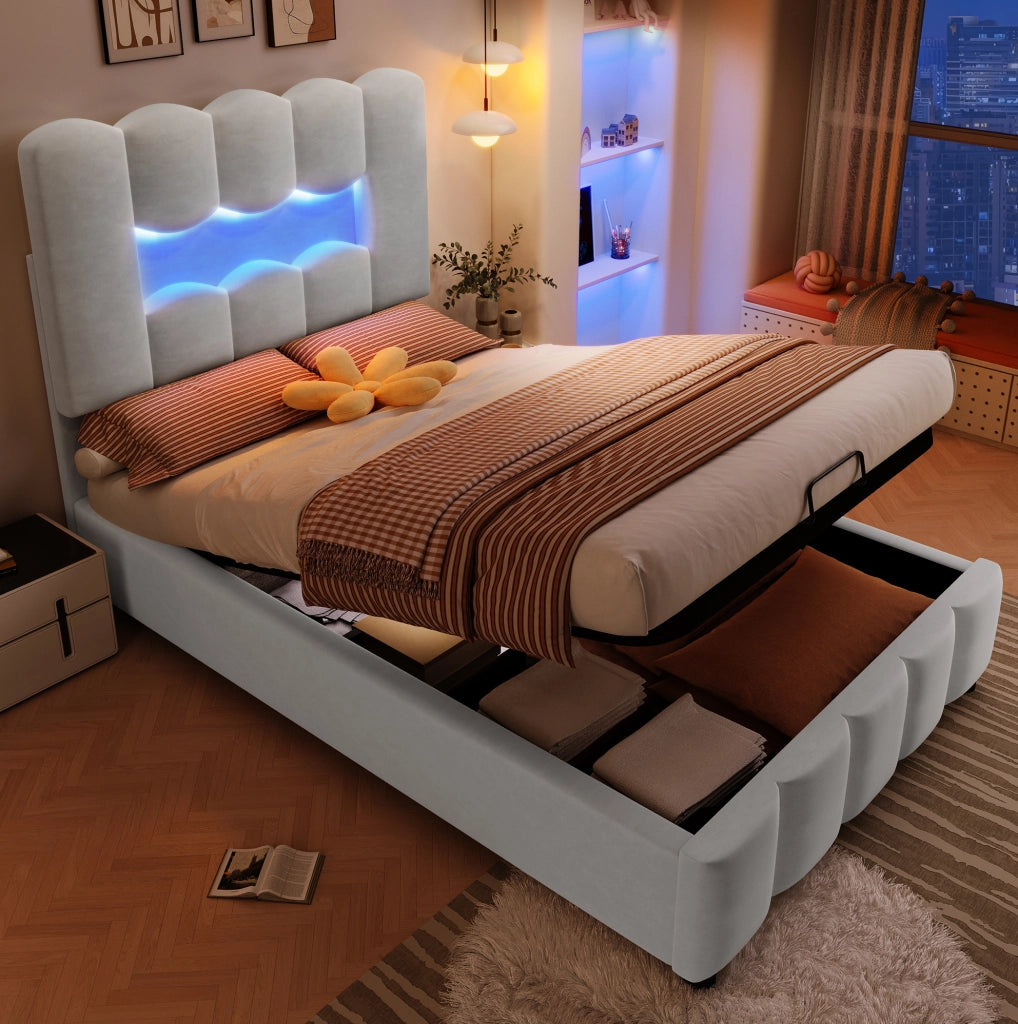 Letto imbottito 90x200 cm con contenitore; LED e testiera regolabile in velluto grigio