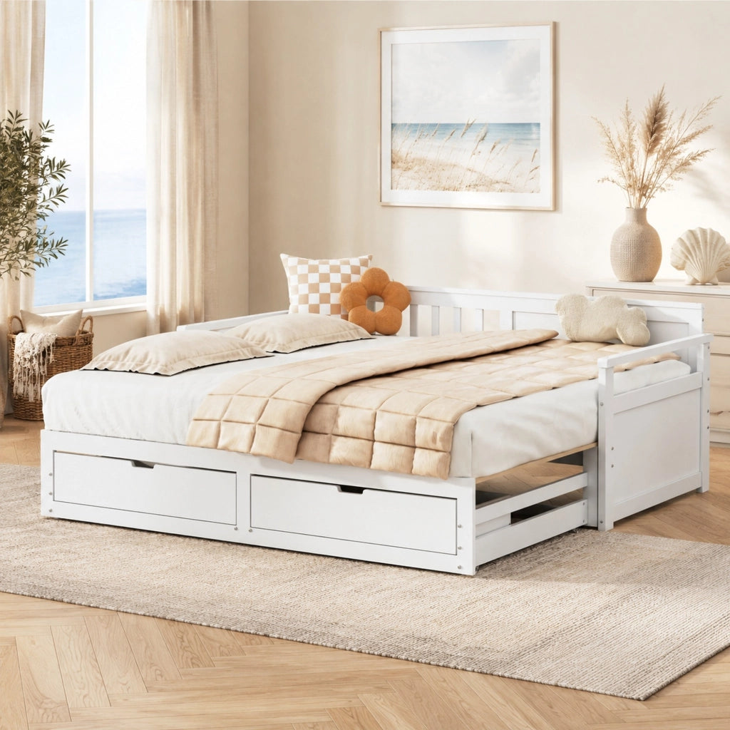 Letto da giorno con cassetti e letto estraibile 90x190/180x190 cm; bianco