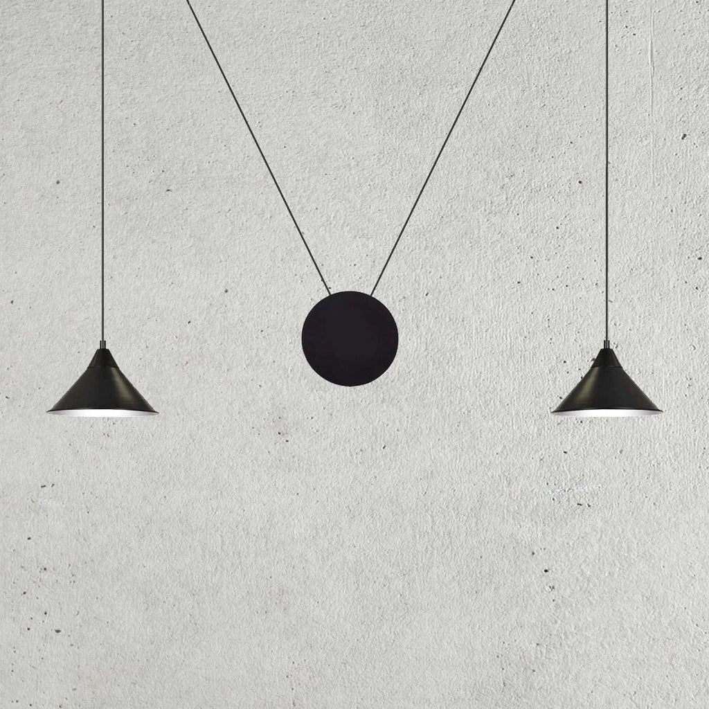 Sospensione Minimal 2 Luci Fujin In Acciao Nero E Paralume A Cono
