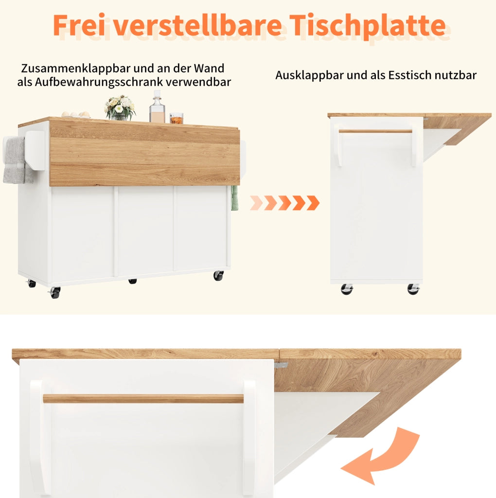 Carrello da cucina pieghevole con tavolo e cassetti bianco