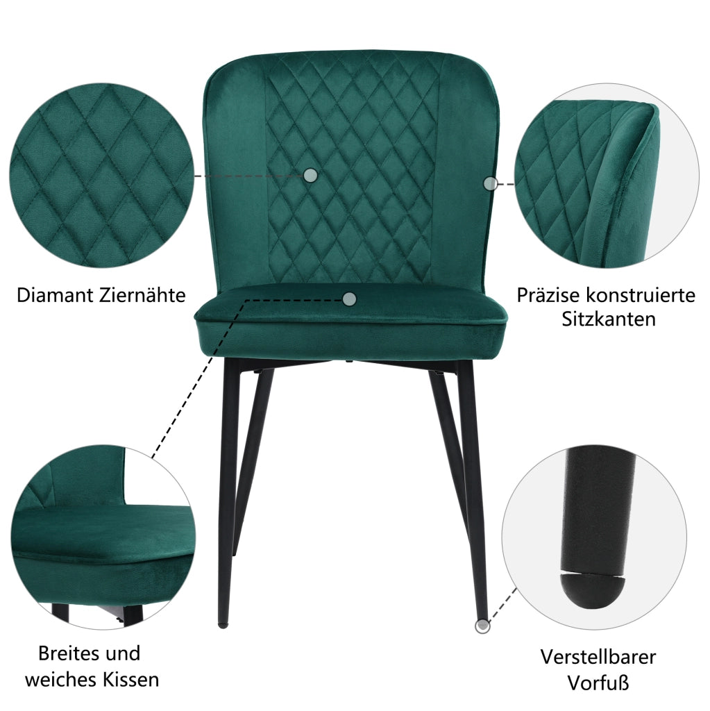 Sedia da pranzo moderna in velluto verde con gambe in metallo; seduta imbottita