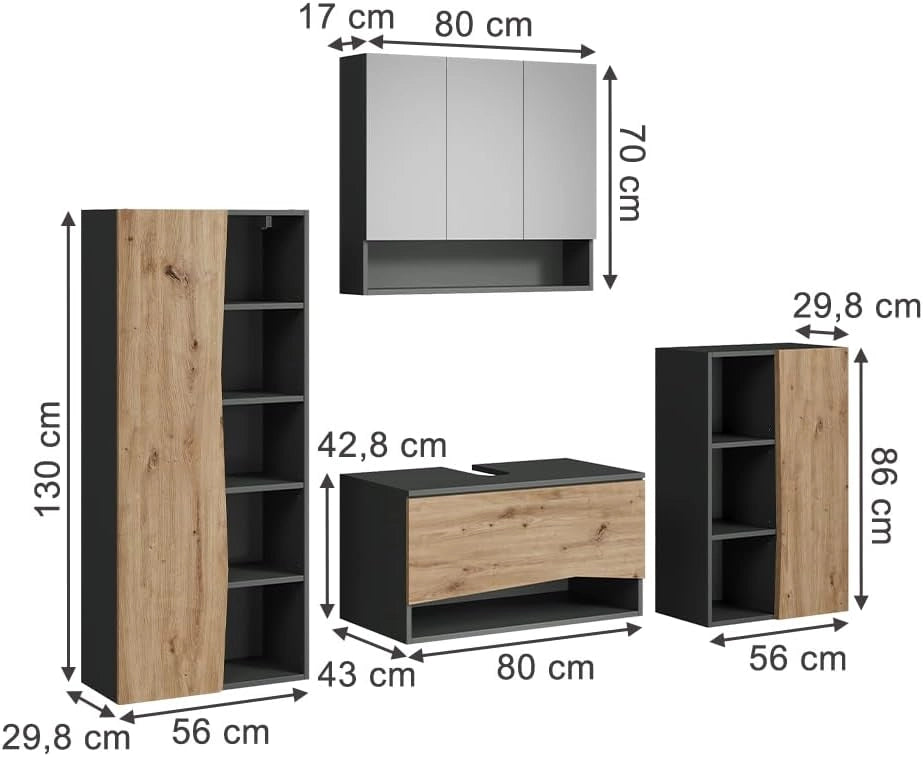 Set di mobili da bagno Willow, Artigiano, 80 cm, composto da mobile lavabo, pensile a specchio, colonna e base media