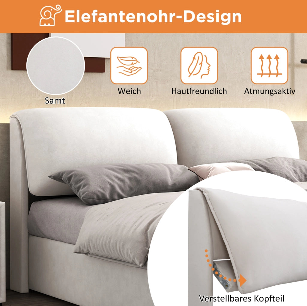 Letto imbottito matrimoniale 180x200 cm in velluto beige con contenitore; 3 cassetti e testiera