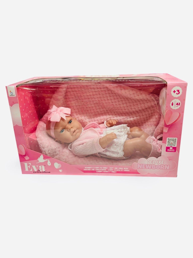 Bambola-Eva Collection,bambola con vestitino rosa e copertina rosa e frontino-Hungary Toy-Eta 3+