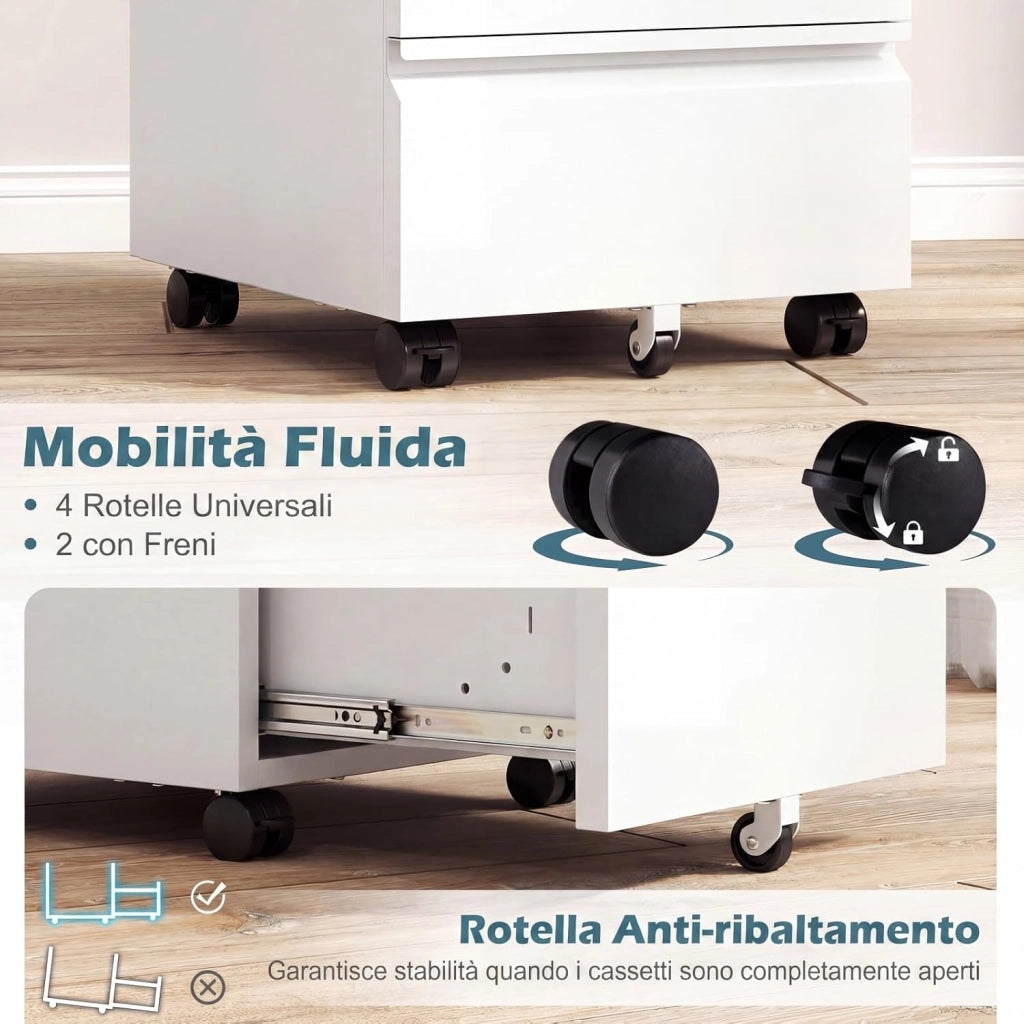 Cassettiera da Ufficio a 3 Cassetti, Mobiletto per Documenti con 5 Ruote e Serratura, Schedario da Ufficio in Acciaio per File Formato A4, Letter e Legal, 37 x 44 x 60,5 cm