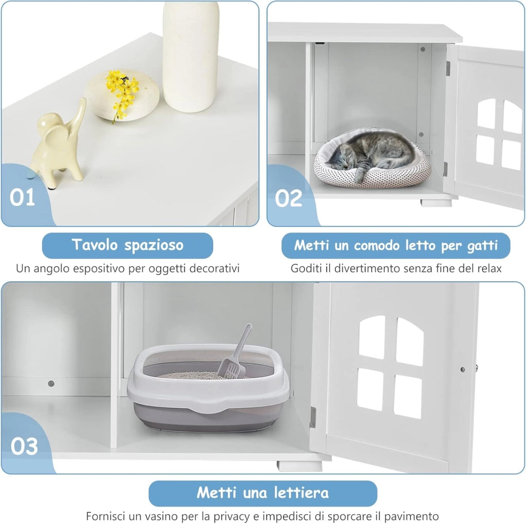Casetta-comodino per Gatti con Doppie Porte e Finestre, Casetta Decorativa Ventilata per Domestici, 81 x 53 x 49 cm (Bianco)