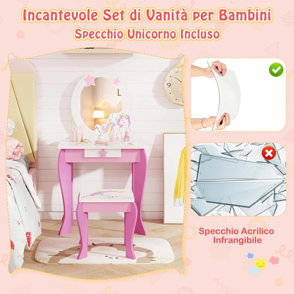Set Toeletta per Ragazza, Toeletta Trucco per Bambini con Sgabello, Specchio Staccabile e Cassetto, Postazione Trucco in Legno per Cameretta 49.5 x 35.5 x 89cm (Rosa)