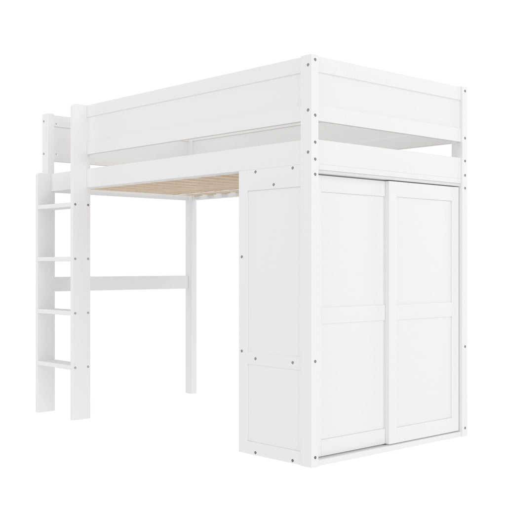 Letto a soppalco 90x200 cm con armadio e vano contenitore in legno e MDF bianco