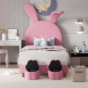 Letto imbottito per bambini con orecchie di coniglio e LED, 90x200 cm, rosa