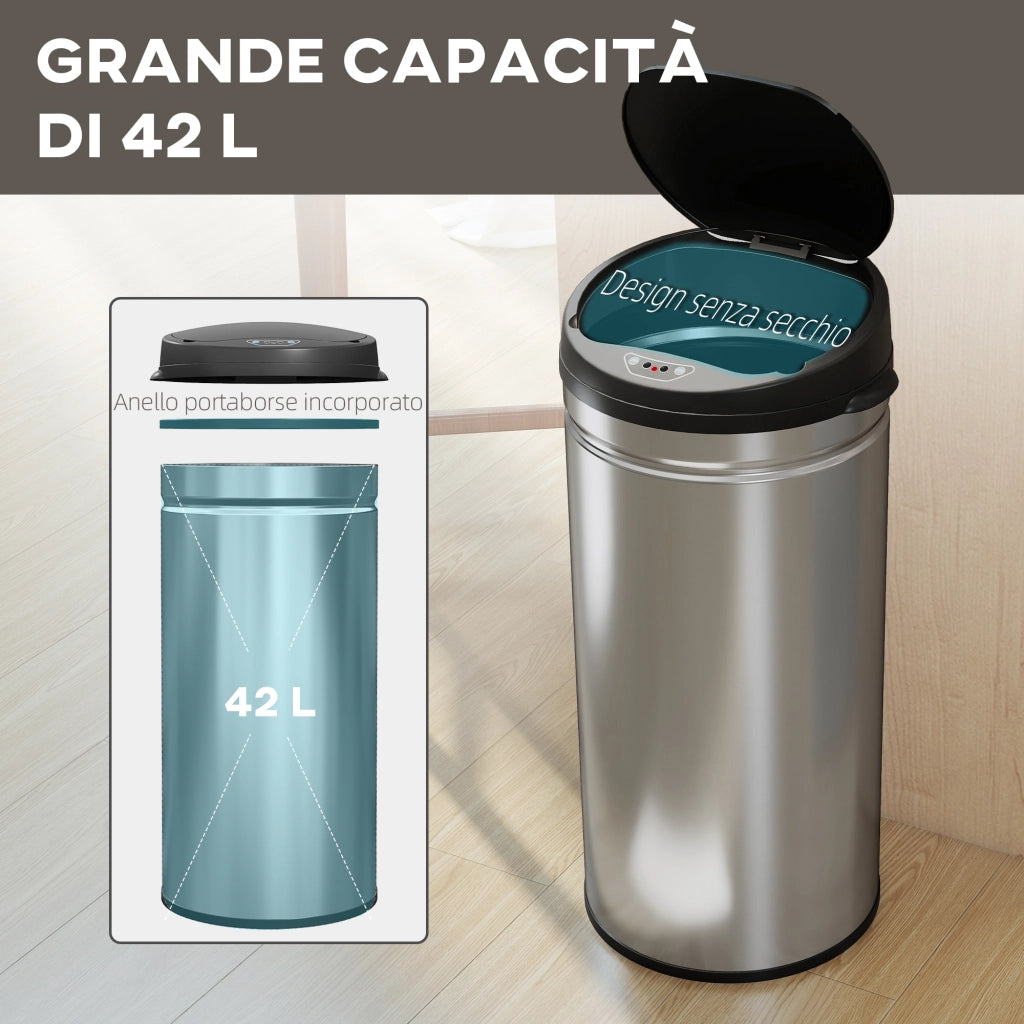 Cestino Spazzatura da 42L con Sensore di Movimento e Apertura Automatica, 30.5x30.5x68 cm, Nero e Argento