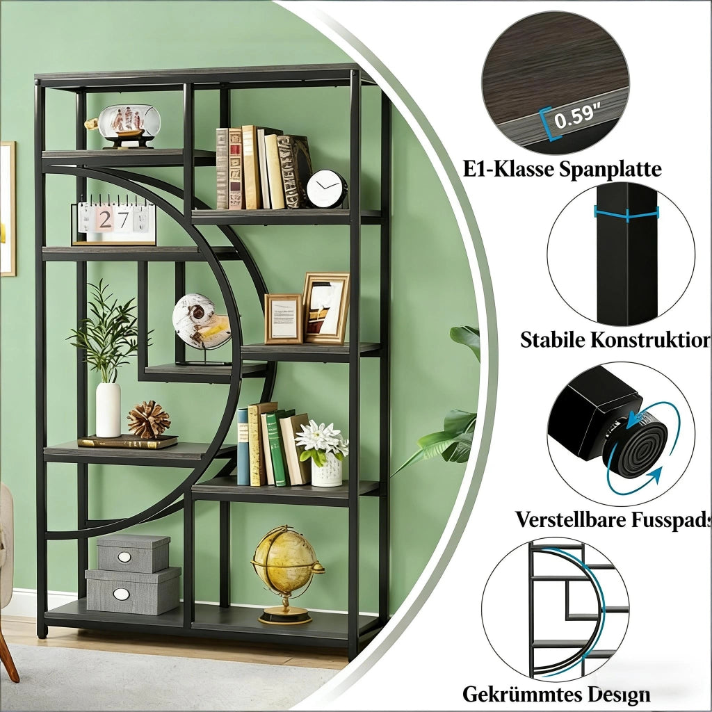 Libreria con 9 vani aperti in metallo e legno, design semicircolare, per soggiorno e home office, nero, 106 × 65 × 15,5 cm