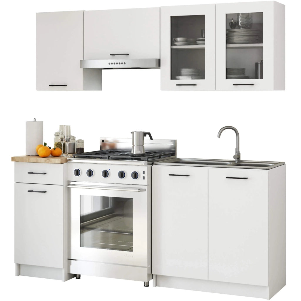 Set da cucina con vetrina AKORD OLIWIA 1,8 m Bianco 180 cm 7 ante 1 cassetto frontale Bianco 8 ripiani 180×46×203 cm