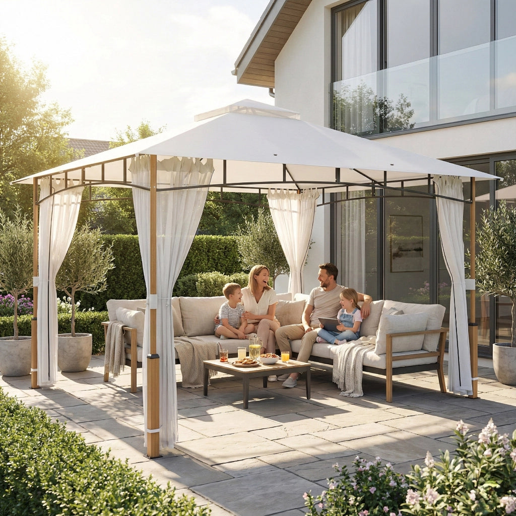 Gazebo per Giardino 3x3,6 m con Tetto Doppio UPF50+ e Rete ¨C Zephmum ¨C Crema
