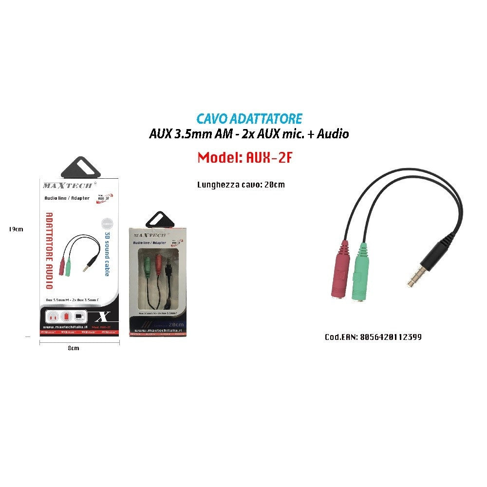 Trade Shop - Adattatore Cavo Aux 3.5mm Maschio A 2x Aux Microfono Femmina Audio Maxtech Aux-2f -