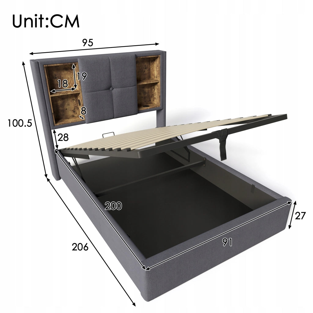 Letto singolo imbottito - Xylo - 90x200 - Grigio - Caricabatterie wireless, USB-C, con materasso
