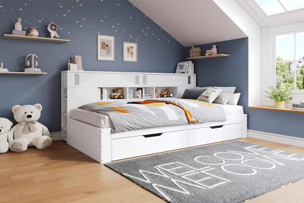 DESMIU Letto con cassetti 140 × 200 cm, 2 cassetti, armadi scorrevoli e ripiani, senza materasso, bianco