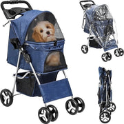 Carriolo per cani e gatti con contenitore di stoccaggio, 4 ruote, carriolo per cani pieghevole, carrello per animali portatile, leggero, pratico, rimovibile (blu)