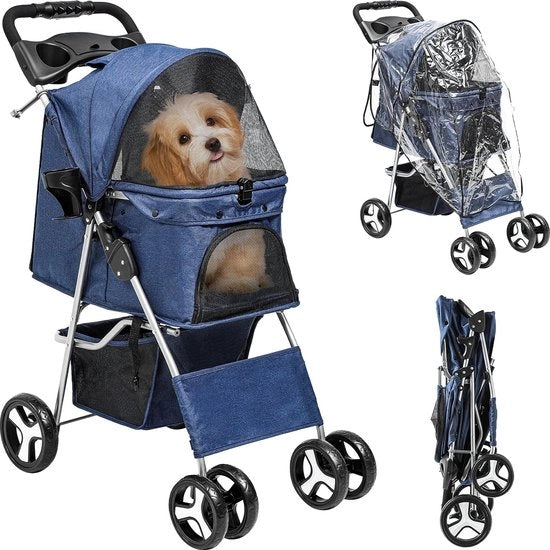Carriolo per cani e gatti con contenitore di stoccaggio, 4 ruote, carriolo per cani pieghevole, carrello per animali portatile, leggero, pratico, rimovibile (blu)