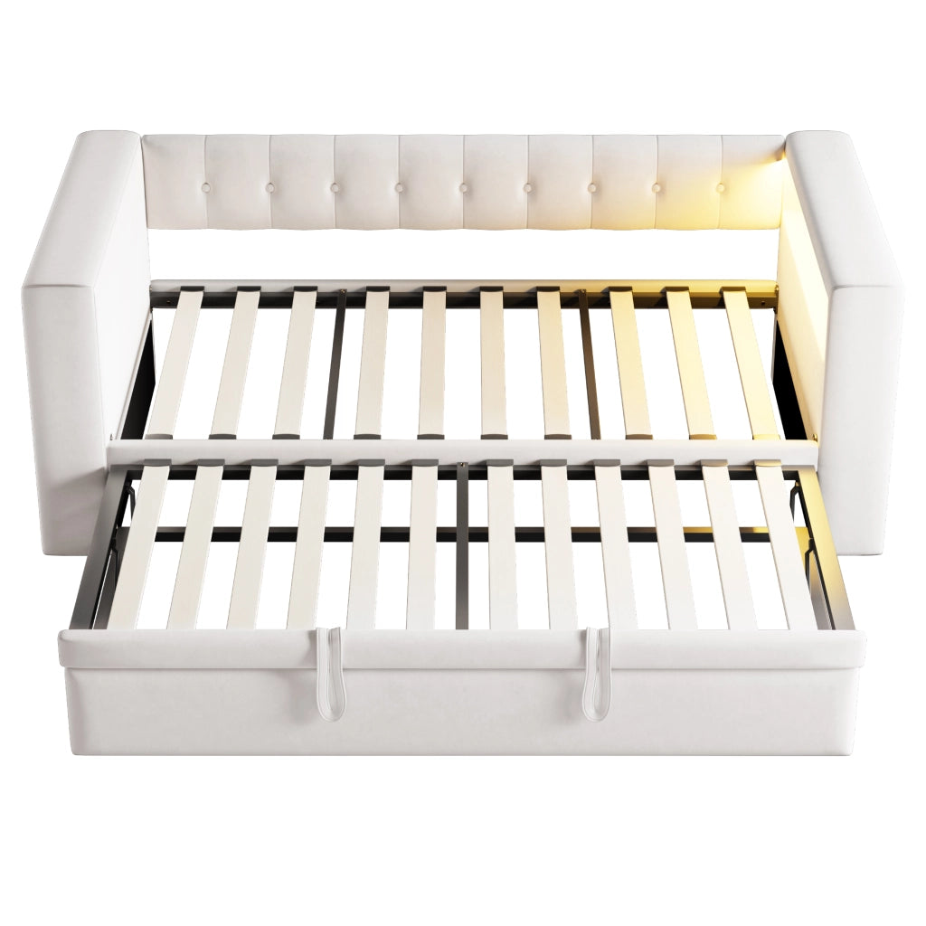 Letto imbottito 90/180x190 cm con LED; prese e contenitore in flanella