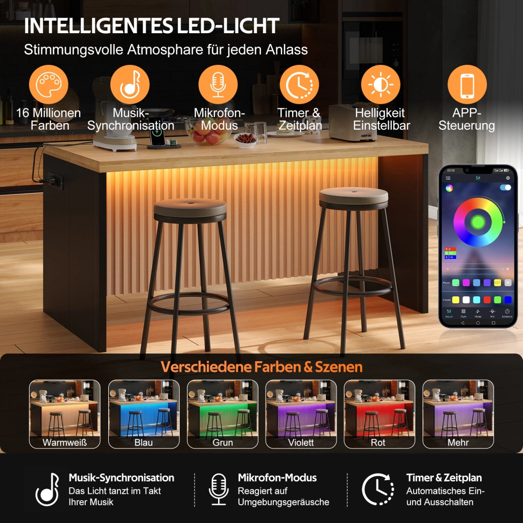 ISOLA CUCINA con illuminazione LED, prese e USB 155x80x90 cm MDF Nero/Naturale