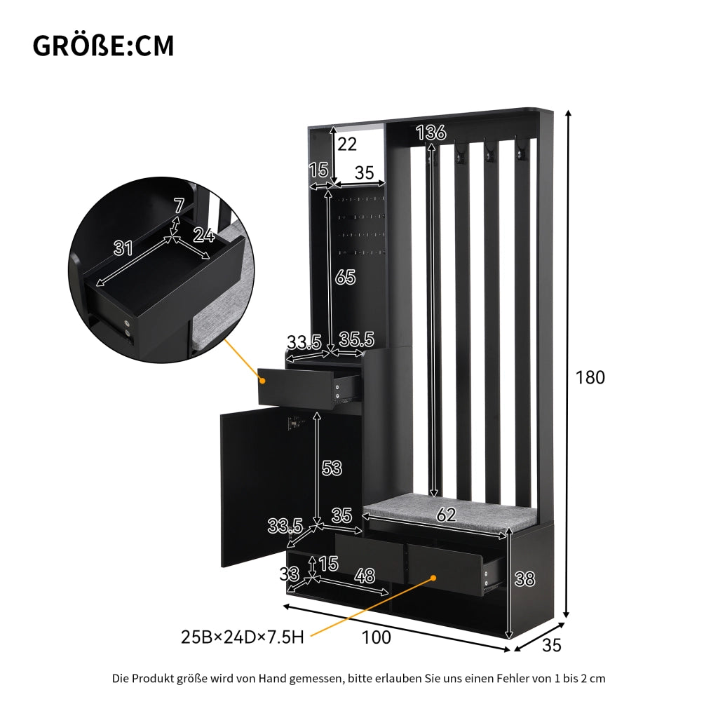 Mobile d'Ingresso con Panca Imbottita; Pannello Forato; 4 Ganci e 1 Cassetto; Stile Moderno; in MDF; 100??35??180 cm; Nero
