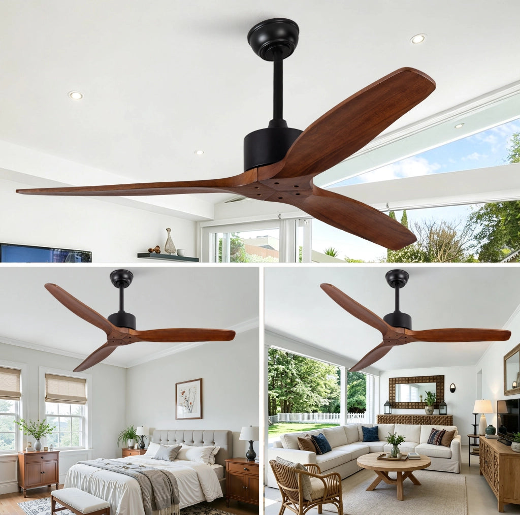 Ventilatore da soffitto a 3 pale in legno massello; con telecomando; senza luce; colore noce