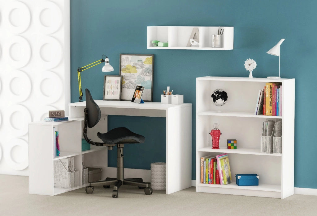 Scrivania Kyarr, Scrittoio multiuso, Tavolo per ufficio porta PC, Piano di lavoro, 112x101 h77 cm, Bianco opaco