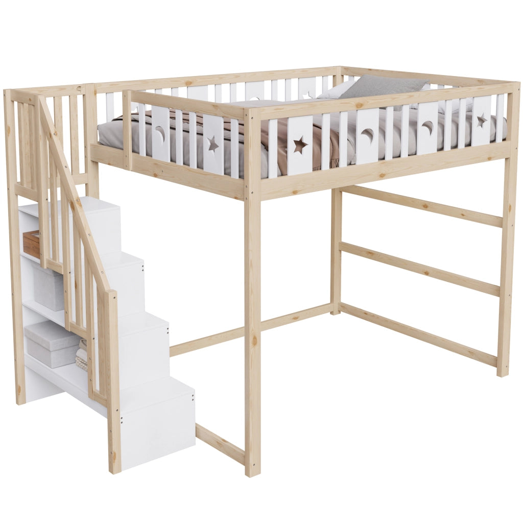 Letto a soppalco per bambini 140 × 200 cm con scala e ripiani, zona divano, senza materasso, legno massiccio bianco naturale