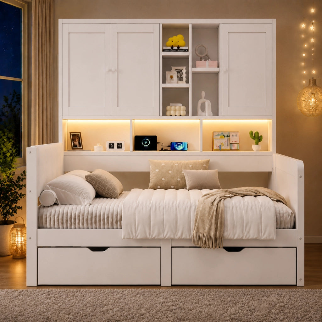 Letto per bambini 90x200 cm con LED e USB, letto a divano a L con testiera in PU, cassetti contenitore, ripiani e armadio, legno bianco