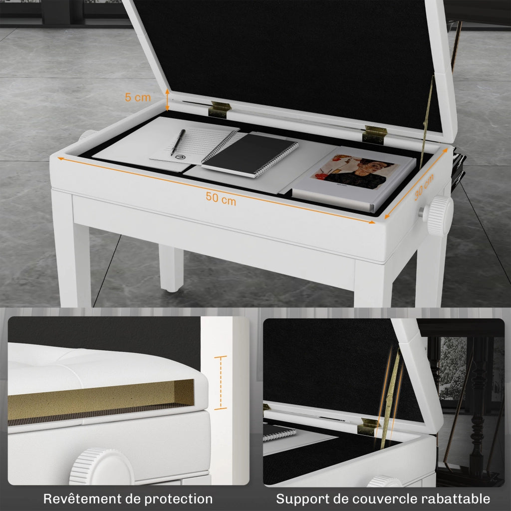 Panca per Pianoforte Regolabile ¨C Xylo ¨C Legno Massello Bianco con Vano Contenitore 55x33x48-58cm