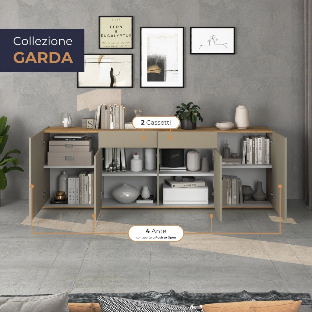 WHOUS Madia Garda a 4 ante e 2 cassetti tortora opaco e rovere 200x35x71 cm