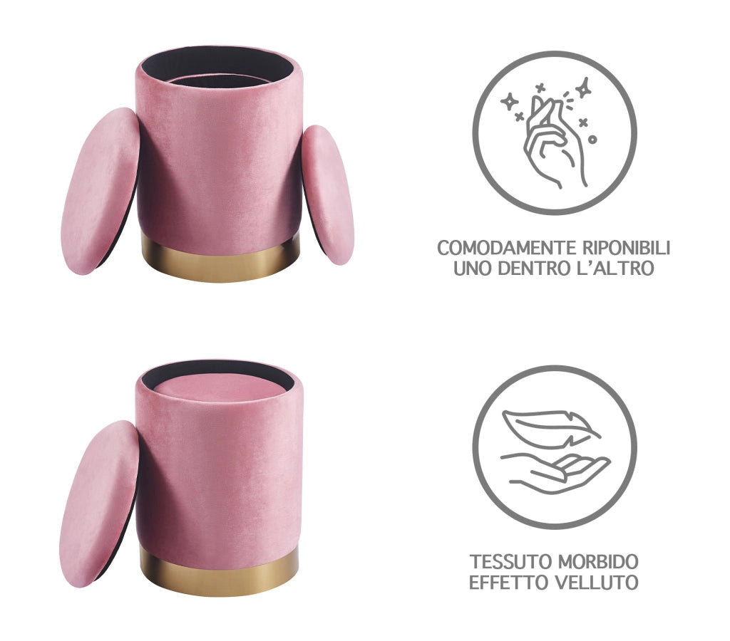 Set Di 2 Pouf Contenitore In Velluto Design Moderno Poggiapiedi,Sgabello Tondo con Coperchio Rimovibile e Seduta Imbottita Alta Densità Con Fascia In Metallo Capiente Storage Box  - Rosa Antico