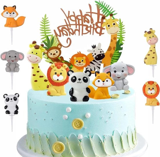 Decorazioni per torte boschi - tema "Felice compleanno" per torte di compleanno - decorazioni per bambini maschi con volpe, giraffa, elefante, panda e leone - 5 figure